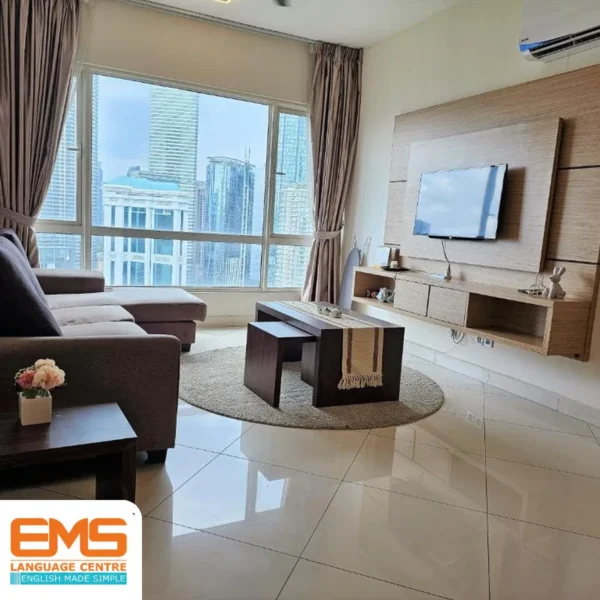 Student apartment living room with Kuala Lumpur city view, EMS Language Centre accommodation